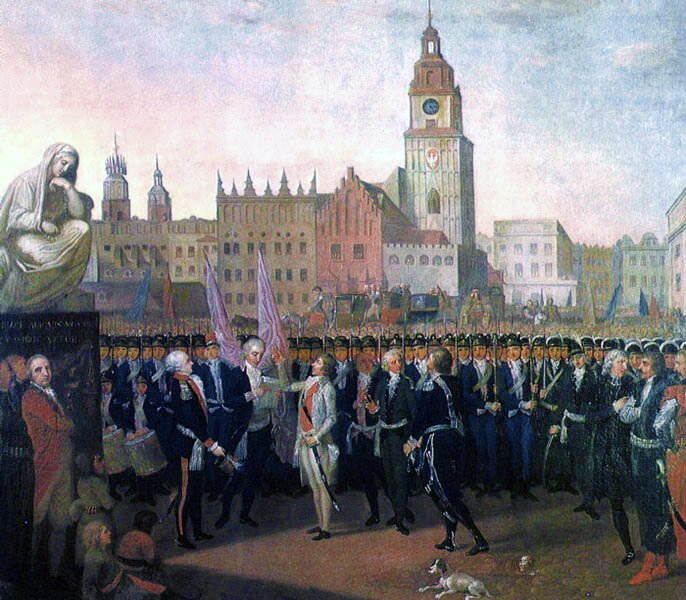 Przysięga Kościuszki 24 marca 1794 na Rynku w Krakowie Przysięga Kościuszki 24 marca 1794 na Rynku w Krakowie – (widok od północy). Od lewej: Sukiennice (za nimi Kościół Mariacki), Spichlerz, Ratusz z Wieżą i Kabatami, Wielka Waga Źródło: Franciszek Smuglewicz, Przysięga Kościuszki 24 marca 1794 na Rynku w Krakowie, 1797, Olej na płótnie, Muzeum Narodowe w Poznaniu, domena publiczna.