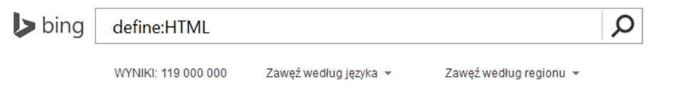 Zrzut paska wyszukiwarki Bing z wpisanym tekstem oraz Define