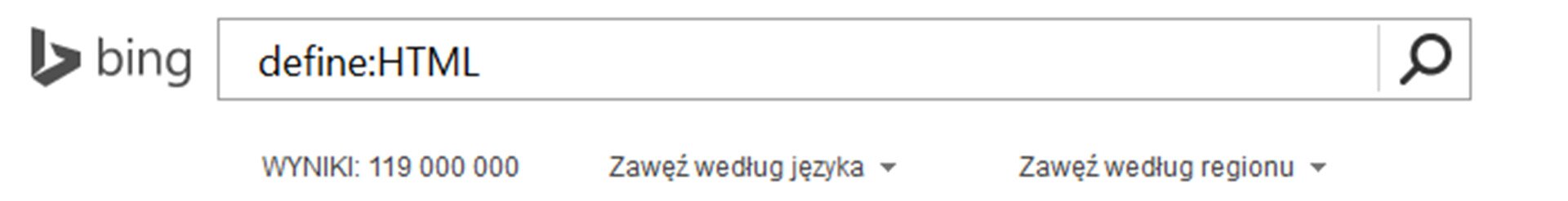 Zrzut paska wyszukiwarki Bing z wpisanym tekstem oraz Define