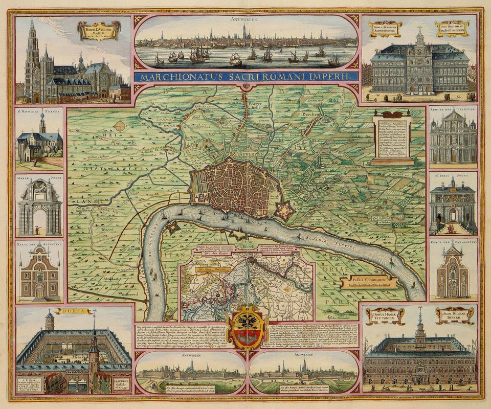 Plan Antwerpii w XVI w. W dolnym lewym narożniku giełda w Antwerpii. Powstała w 1531 jako pierwsza tego typu instytucja w świecie. Plan Antwerpii w XVI w. W dolnym lewym narożniku giełda w Antwerpii. Powstała w 1531 jako pierwsza tego typu instytucja w świecie. Źródło: Claes Janszoon Visscher, 1624, domena publiczna.