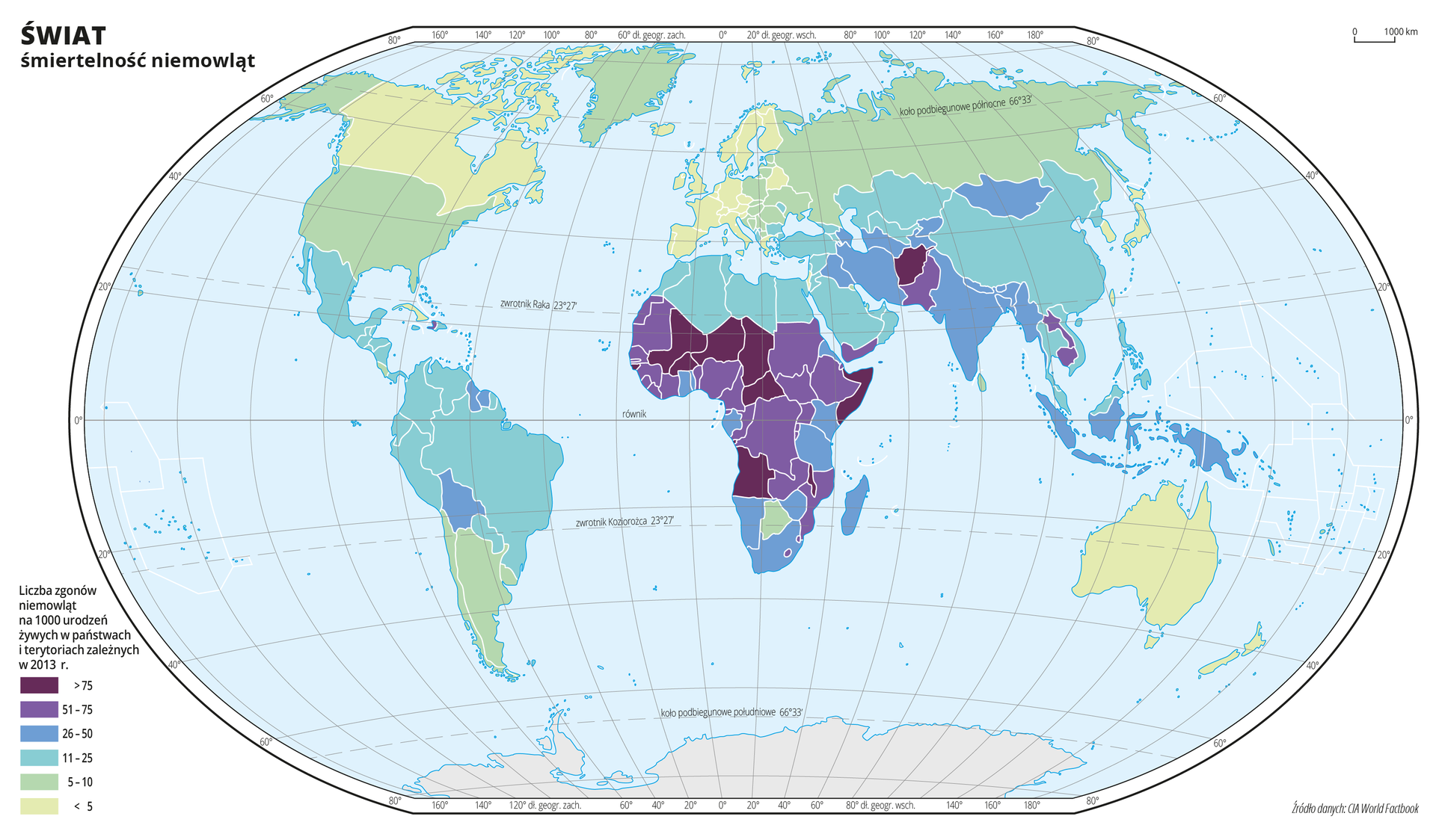 Ilustracja przedstawia mapę świata. Wody zaznaczono kolorem niebieskim. Na mapie za pomocą sześciu kolorów (od ciemnofioletowego, przez jasnofioletowy, niebieski, jasnoniebieski, seledynowy i jasnoseledynowy)przedstawiono liczbę zgonów niemowląt na tysiąc urodzeń żywych w poszczególnych państwach w dwa tysiące trzynastym roku.Kolory fioletowe obrazujące liczbę zgonów niemowląt powyżej pięćdziesiąt na tysiąc żywych urodzeń występują w środkowej części Afryki oraz Afganistanie i Pakistanie.Kolory niebieskie obrazujące ilość zgonów niemowląt na tysiąc urodzeń żywych w przedziale pomiędzy jedenaście a pięćdziesiąt występują w Ameryce Południowej, południowej część Azji i na Archipelagu Malezyjskim, w północnej i południowej części Afryki.Kolory seledynowe obrazujące liczbę zgonów niemowląt na tysiąc urodzeń żywych poniżej dziesięciu występują w Ameryce Północnej, Europie, północnej części Azji i w Australii przy czym wartości poniżej pięciu zgonów niemowląt na tysiąc urodzeń żywych występują w Stanach Zjednoczonych, Europie Zachodniej i Australii. Mapa pokryta jest równoleżnikami i południkami. Dookoła mapy w białej ramce opisano współrzędne geograficzne co dwadzieścia stopni.Na dole mapy narysowano sześć kolorowych prostokątów i opisano jaką liczbę zgonów niemowląt na tysiąc urodzeń żywych w poszczególnych państwach w dwa tysiące trzynastym roku obrazuje każdy kolor.