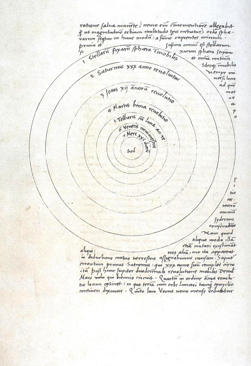Strona z rękopisu „O obrotach sfer niebieskich”. Karta 9 Źródło: Mikołaj Kopernik, Strona z rękopisu „O obrotach sfer niebieskich”. Karta 9, 1520-1541, atrament na papierze, Biblioteka Jagiellońska, domena publiczna.