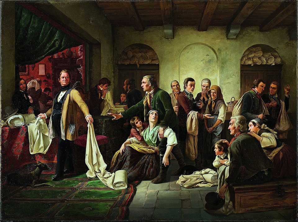 Rzemieślnicy zatrudnieni w systemie nakładczym z wyrobami gotowymi do zbycia u nakładcy Obraz namalowany w 1844 r. przez Carla Wilhelma Hübnera pod wpływem głodowych rozruchów, jakie miały miejsce wśród śląskich tkaczy w latach 40. XIX wieku. Konkurencja scentralizowanego przemysłu fabrycznego doprowadziła tkaczy do skrajnego ubóstwa, a w efekcie do wybuchu powstania. Nie powstrzymało to zupełnego upadku (w ciągu kilku dziesięcioleci) takiej formy produkcji, choć przez kilka wieków – od XVI do pocz. XIX w. – zapewniała ona dobrobyt Śląskowi. Na kanwie tych wydarzeń powstała sztuka teatralna Gerarda Hauptmanna „Tkacze”, za którą (m.in.) został nagrodzony Nagrodą Nobla w dziedzinie literatury. Źródło: Carl Wilhelm Hübner, Rzemieślnicy zatrudnieni w systemie nakładczym z wyrobami gotowymi do zbycia u nakładcy, 1844, olej na płótnie, Museum Kunstpalast, domena publiczna.
