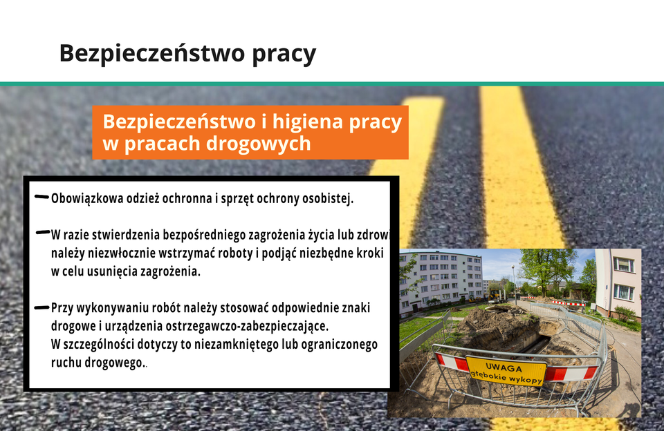 Ilustracja przedstawia bezpieczeństwo i higienę pracy w drogownictwie.