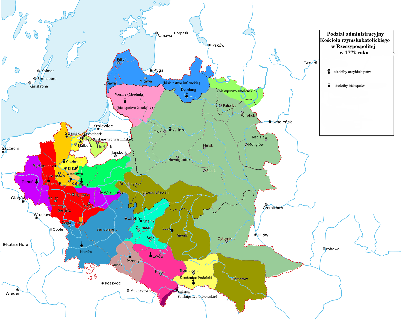 Podział administracyjny Kościoła rzymskokatolickiego w Rzeczypospolitej w 1772 r.; wszyscy biskupi tego kościoła automatycznie wchodzili do senatu. Podział administracyjny Kościoła rzymskokatolickiego w Rzeczypospolitej w 1772 r.; wszyscy biskupi tego kościoła automatycznie wchodzili do senatu. Źródło: Maciej Szczepańczyk, Wikimedia Commpns, licencja: CC BY-SA 3.0.