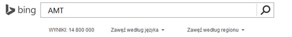 Zrzut paska wyszukiwarki Bing z wpisanym AMT oraz widocznym wynikiem wyszukiwania