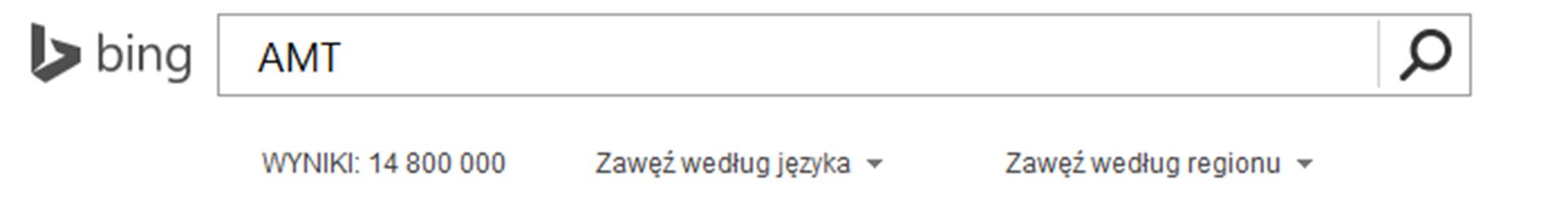 Zrzut paska wyszukiwarki Bing z wpisanym AMT oraz widocznym wynikiem wyszukiwania