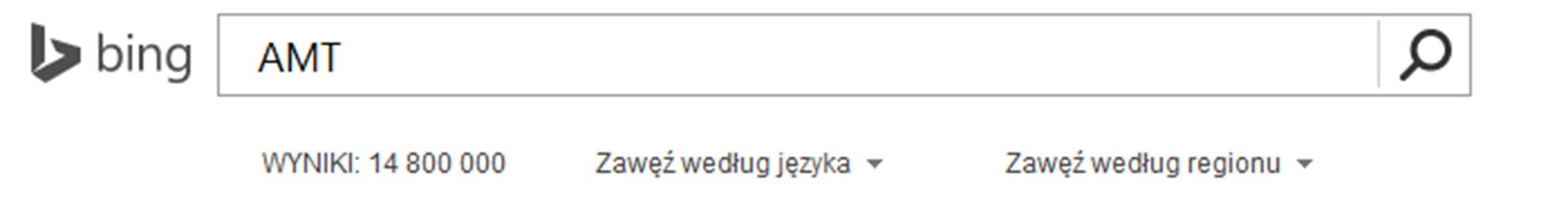 Zrzut paska wyszukiwarki Bing z wpisanym AMT oraz widocznym wynikiem wyszukiwania