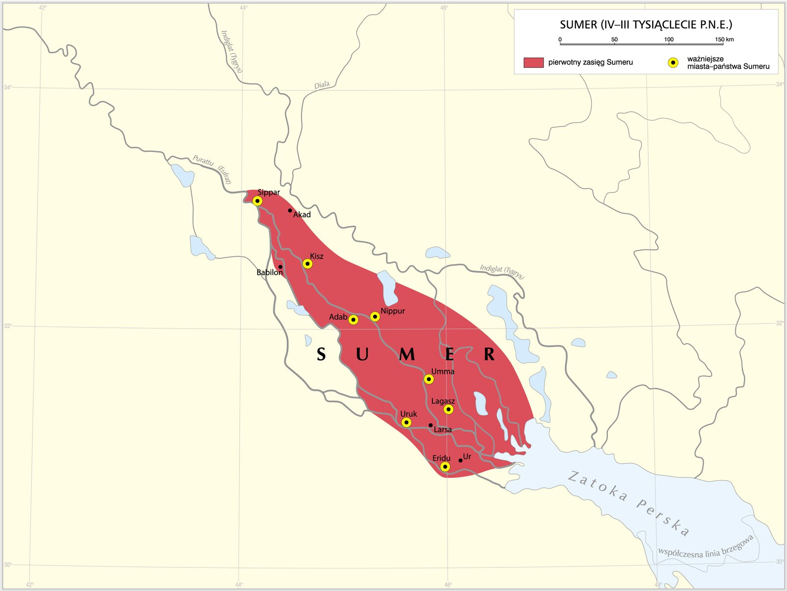 Mapa przedstawiająca zasięg państwa Sumer w dorzeczu rzek Tygrys i Eufrat na Bliskim Wschodzie.