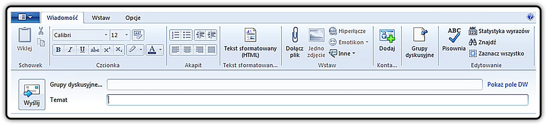 Zrzut fragmentu okna z widocznym polem do wpisania tematu wiadomości do wybranej grupy dyskusyjnej