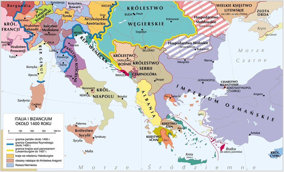 mapa pokazuje Włochy (czyli Italię) i Bizancjum okolo roku 1400