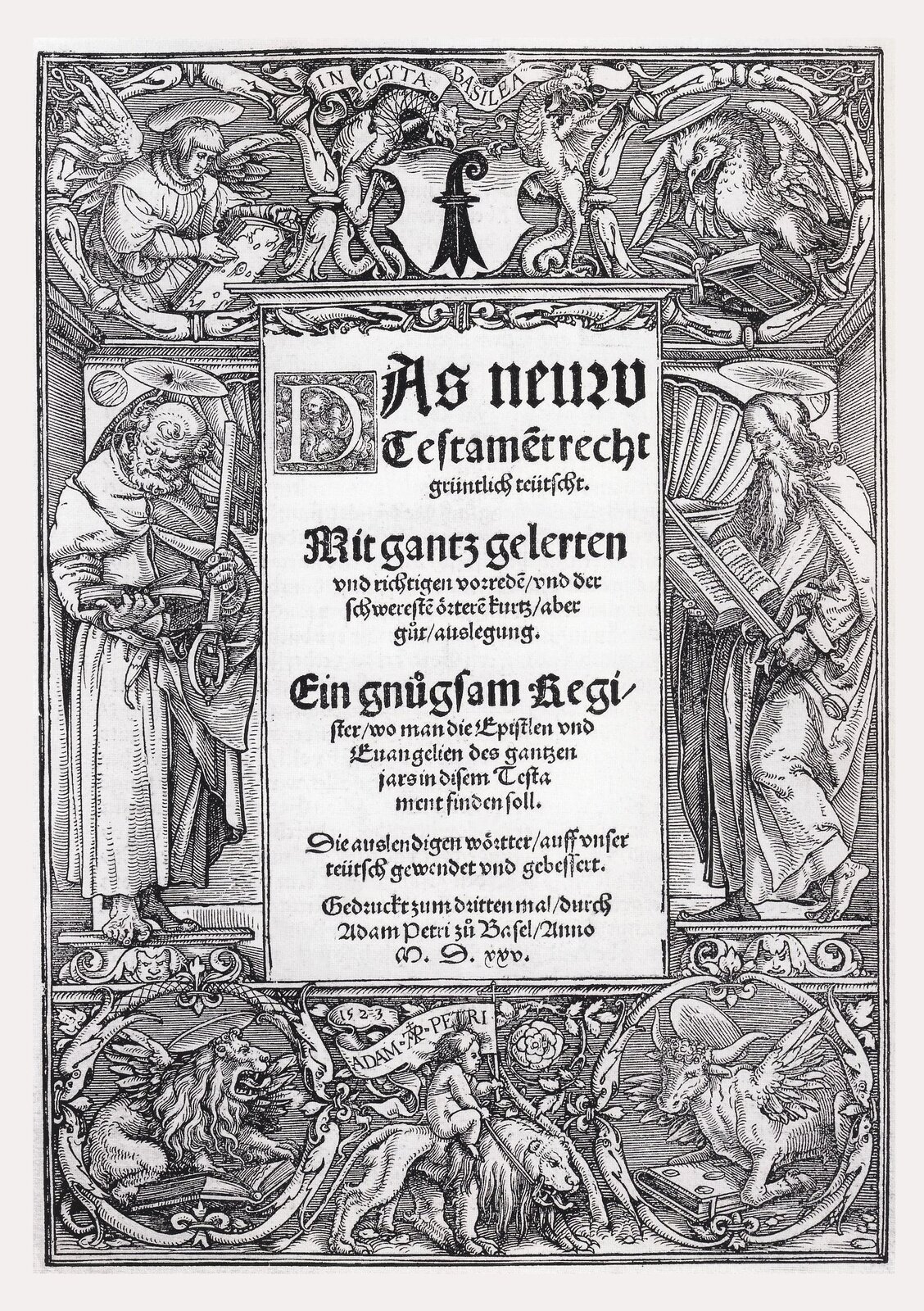 Biblia Lutra (Nowy Testament w tłumaczeniu na język niemiecki) Źródło: Hans Holbein, Biblia Lutra (Nowy Testament w tłumaczeniu na język niemiecki), 1523, domena publiczna.