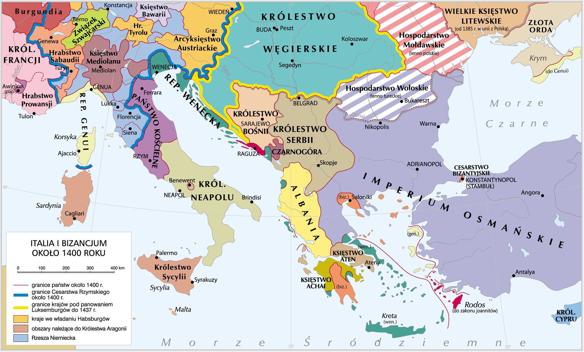 mapa pokazuje Włochy (czyli Italię) i Bizancjum okolo roku 1400