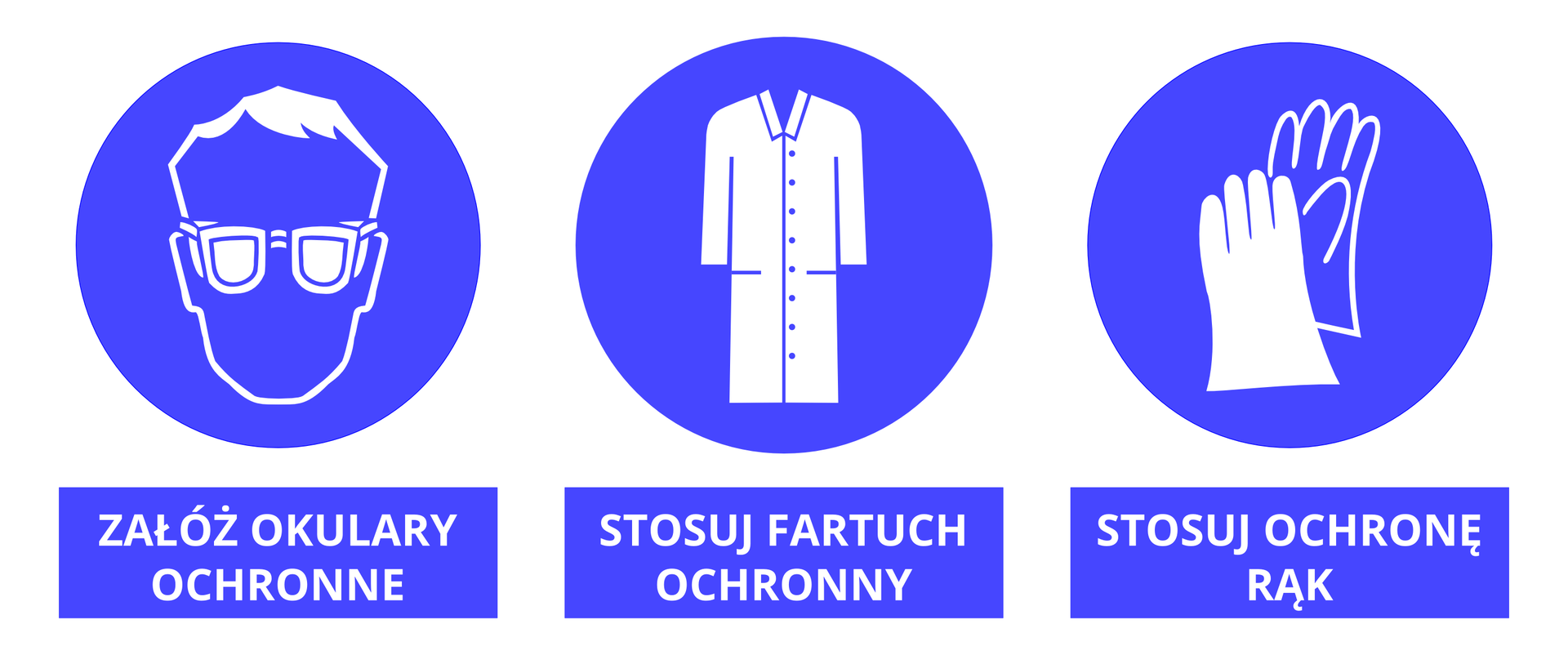 Ilustracja przedstawia trzy popularne znaki związane z BHP w laboratorium chemicznym. Wszystkie mają postać białych rysunków na tle niebieskich okręgów. Pierwszy znak od lewej przedstawia zarys ludzkiej twarzy z nałożonymi okularami i oznacza "załóż okulary ochronne". Drugi, środkowy przedstawia fartuch i oznacza konieczność zakładania fartucha ochronnego. Trzeci znak licząc od lewej przedstawia parę rękawic i oznacza potrzebę stosowania ochrony rąk.