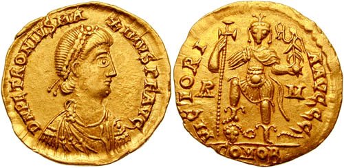 Solid cesarza Petroniusza Maksymusa, 455 r. Solid cesarza Petroniusza Maksymusa, 455 r. Źródło: Classical Numismatic Group, licencja: CC BY-SA 3.0.