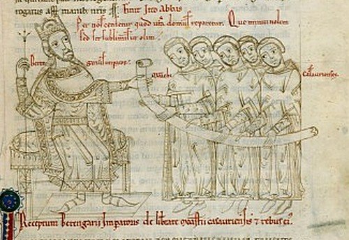 Król Italii Berengar I przedstawiony na rękopisie w XII-wiecznej kronice. Źródło: Johannes Berardi, Król Italii Berengar I przedstawiony na rękopisie w XII-wiecznej kronice., licencja: CC 0.