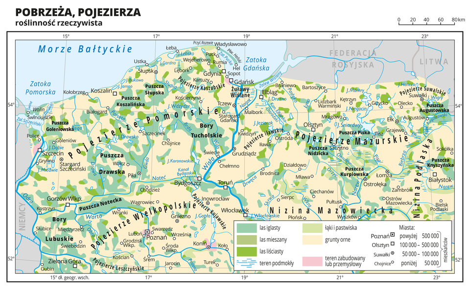 Ilustracja przedstawia fragment mapy Polski obejmujący pobrzeża i pojezierza, na którym przedstawiono roślinność rzeczywistą. Na mapie przeważa kolor beżowy obrazujący grunty orne, na którym równomiernie rozmieszczone są plamy koloru zielonego obrazujące występowanie lasów iglastych (kolor ciemnozielony). W północnej części występują również lasy liściaste oznaczone kolorem jasnozielonym, a we wschodniej części występują łąki i pastwiska oznaczone kolorem bardzo jasnym zielonym.Oznaczono i opisano miasta, rzeki i jeziora. Opisano pojezierza oraz państwa sąsiadujące z Polską. Podpisano również większe kompleksy leśne, jak Bory Tucholskie, Puszcza Knyszyńska i tym podobne.Dookoła mapy w białej ramce opisano współrzędne geograficzne co dwa stopnie. W legendzie mapy objaśniono znaki i barwy użyte na mapie.