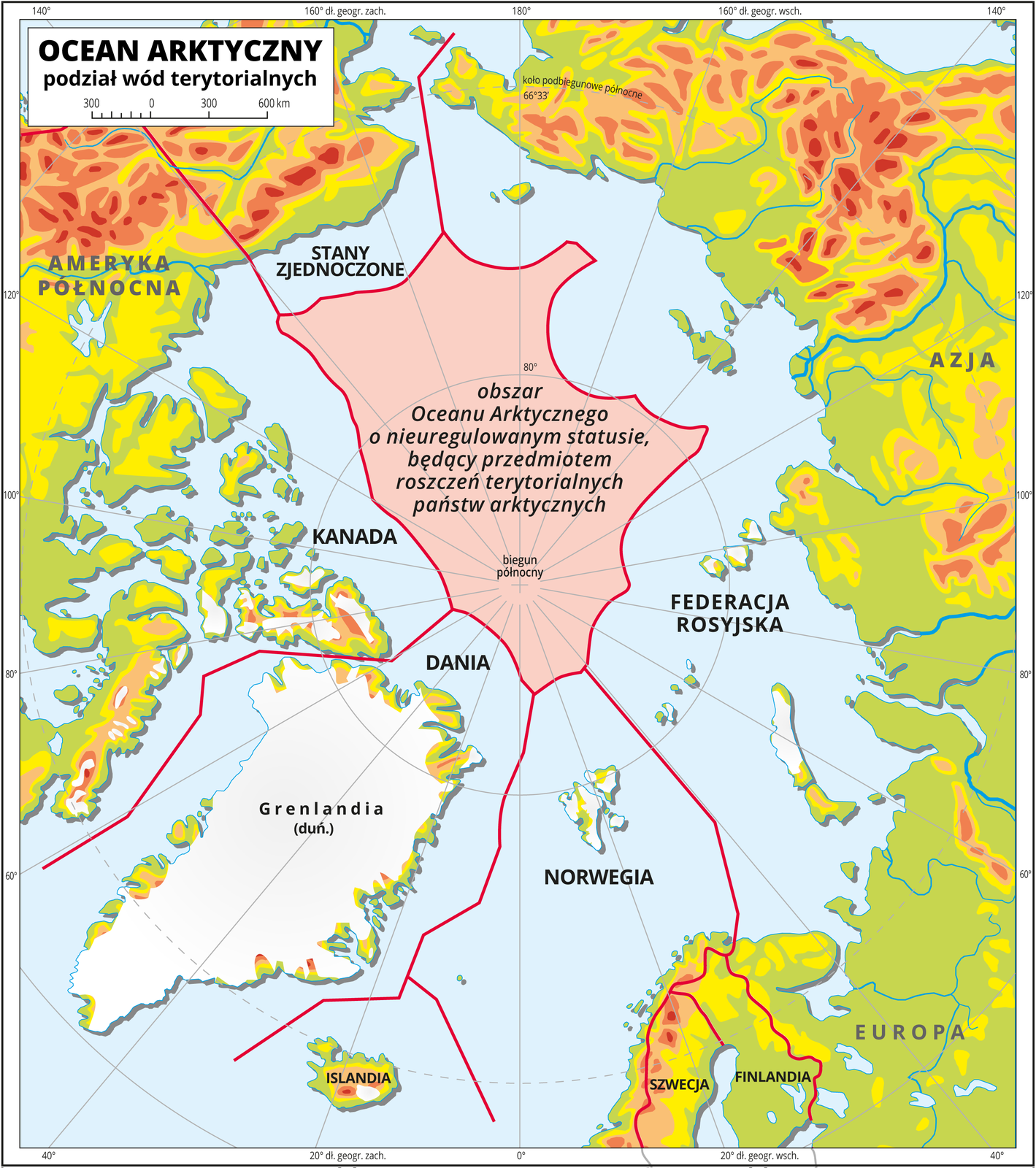 Ilustracja przedstawia mapę Oceanu Arktycznego. Na mapie przedstawiono podział wód terytorialnych. Poprowadzono czerwone linie. Przypisano obszary Oceanu Arktycznego Stanom Zjednoczonym, Kanadzie, Danii, Norwegii, Federacji Rosyjskiej. Centralną cześć Oceanu Arktycznego wokół bieguna północnego opisano jako obszar Oceanu Arktycznego o nieuregulowanym statusie, będący przedmiotem roszczeń terytorialnych państw arktycznych. Na mapie południki i równoleżniki. Dookoła mapy w białej ramce opisano współrzędne geograficzne co dwadzieścia stopni.