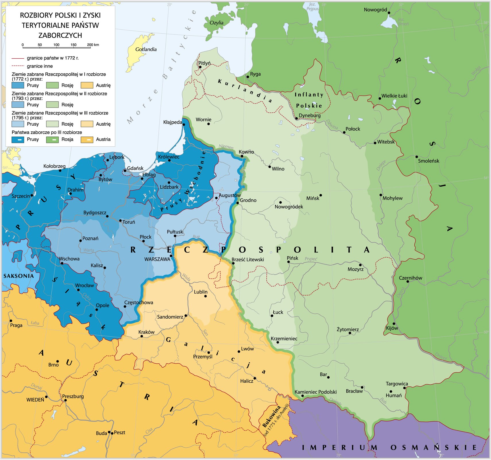 Mapa pokazuje zabory poszczególnych państw. Zwróć uwagę, że zagarnięte tereny nie stanowiły określonych zwartych jednostek historycznych. Mapa pokazuje zabory poszczególnych państw. Zwróć uwagę, że zagarnięte tereny nie stanowiły określonych zwartych jednostek historycznych. Źródło: Krystian Chariza i zespół, licencja: CC BY-SA 4.0.
