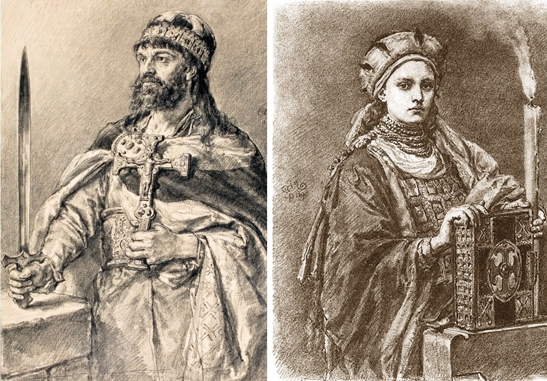 Mieszko I i Dobrawa Źródło: Jan Matejko, Mieszko I i Dobrawa, 1890–1892, rysunek ołówkiem, domena publiczna.