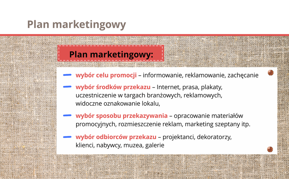 Grafika przedstawia elementy tworzenia planu marketingowego.
