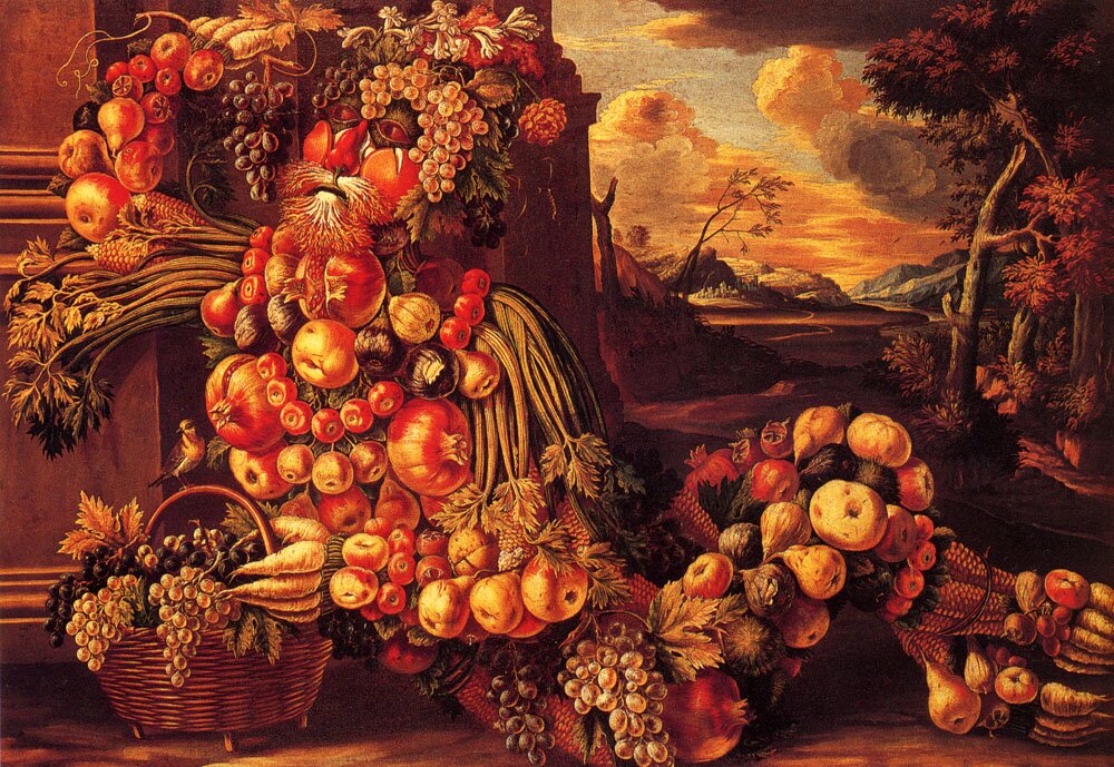Siedząca postać lata Źródło: Giuseppe Arcimboldo, Siedząca postać lata, ok. 1570, olej na płótnie, Ex-Edward James Foundation, Sussex, domena publiczna.