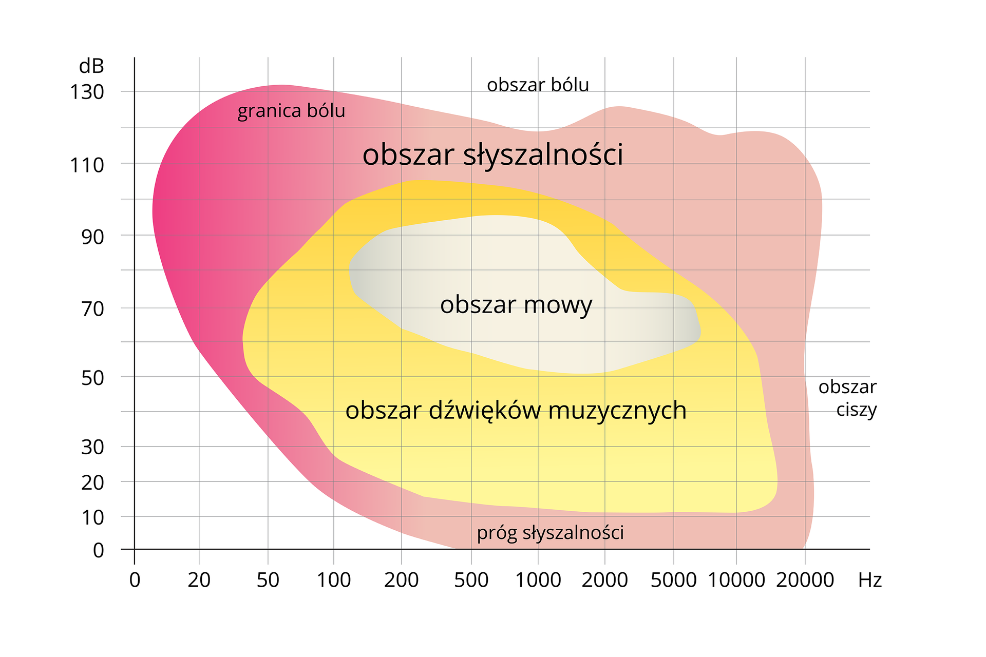 Wykres przedstawia wrażliwość ucha na dźwięki. Na osi X częstotliwość dźwięku w hercach. Na osi Y poziom natężenia dźwięku w decybelach. U dołu podpisany próg słyszalności, u góry obszar bólu. Z prawej obszar ciszy. Różowy obszary oznacza słyszalność. Mieści się w nim żółty obszar dźwięków muzycznych i biały obszar mowy. U góry z lewej przyciemniona granica bólu.