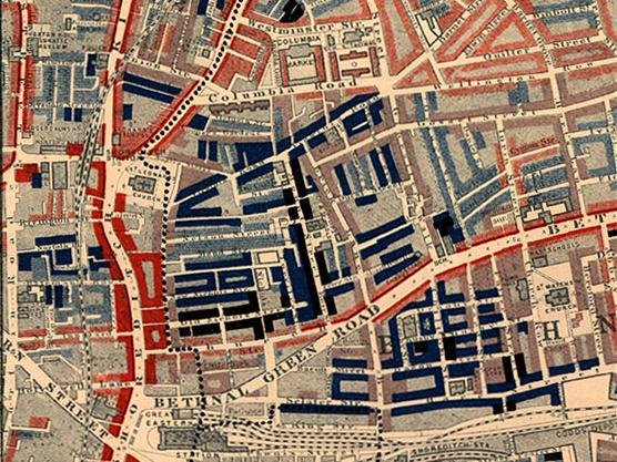 Mapa ubóstwa Źródło: Charles Booth, Mapa ubóstwa, 1889, domena publiczna.