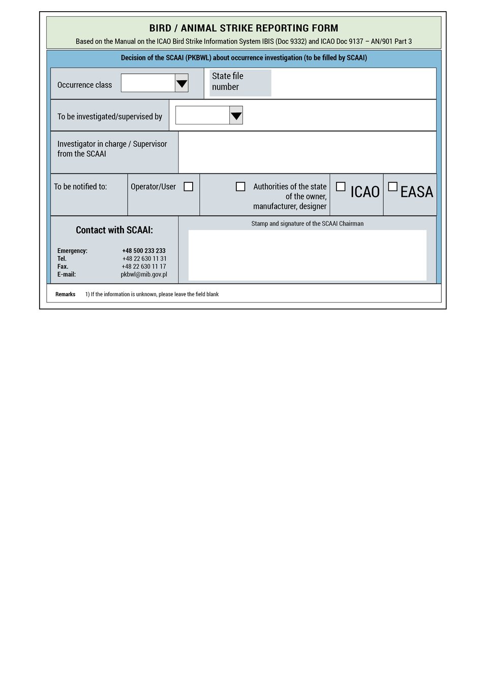 The document presents a bird or animal strike reporting form. Dokument przedstawia zgłoszenie zdarzenia lotniczego związanego z ptakami i zwierzętami.