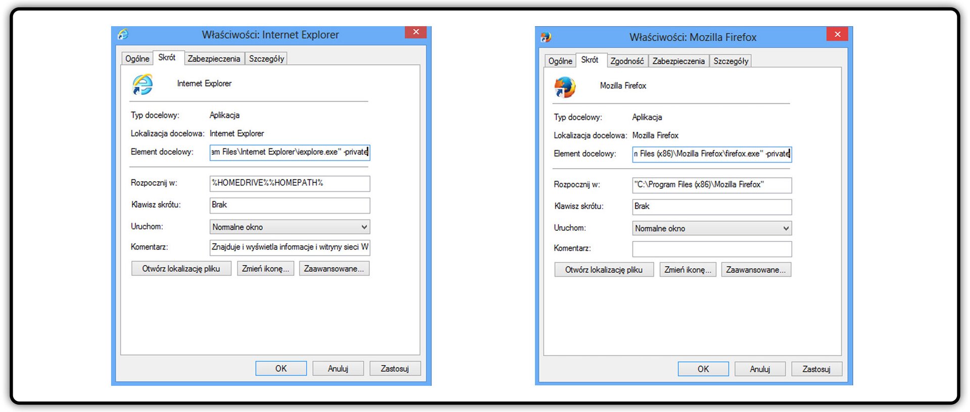 Zrzut okna: Właściwości przegladarki Internet Explorer oraz Mozilla Firefox