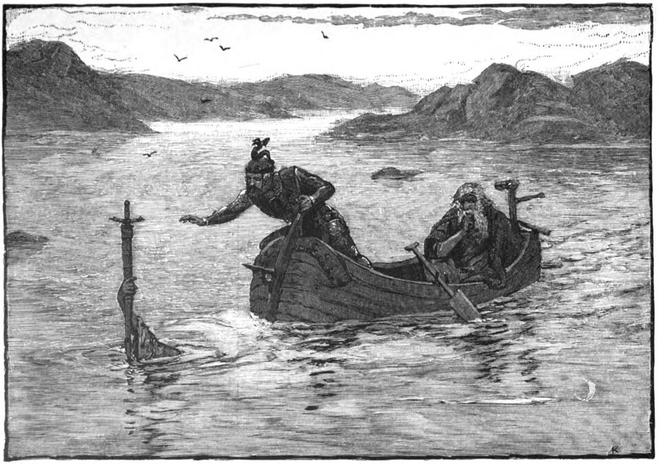 Pani Jeziora przekazuje Ekskalibura królowi Arturowi Źródło: Alfred Kappes, Pani Jeziora przekazuje Ekskalibura królowi Arturowi, 1880, domena publiczna.