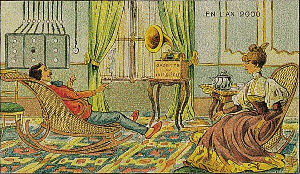 Francja w roku 2000. Gazeta dźwiękowa Źródło: Villemard, Francja w roku 2000. Gazeta dźwiękowa, 1910, domena publiczna.
