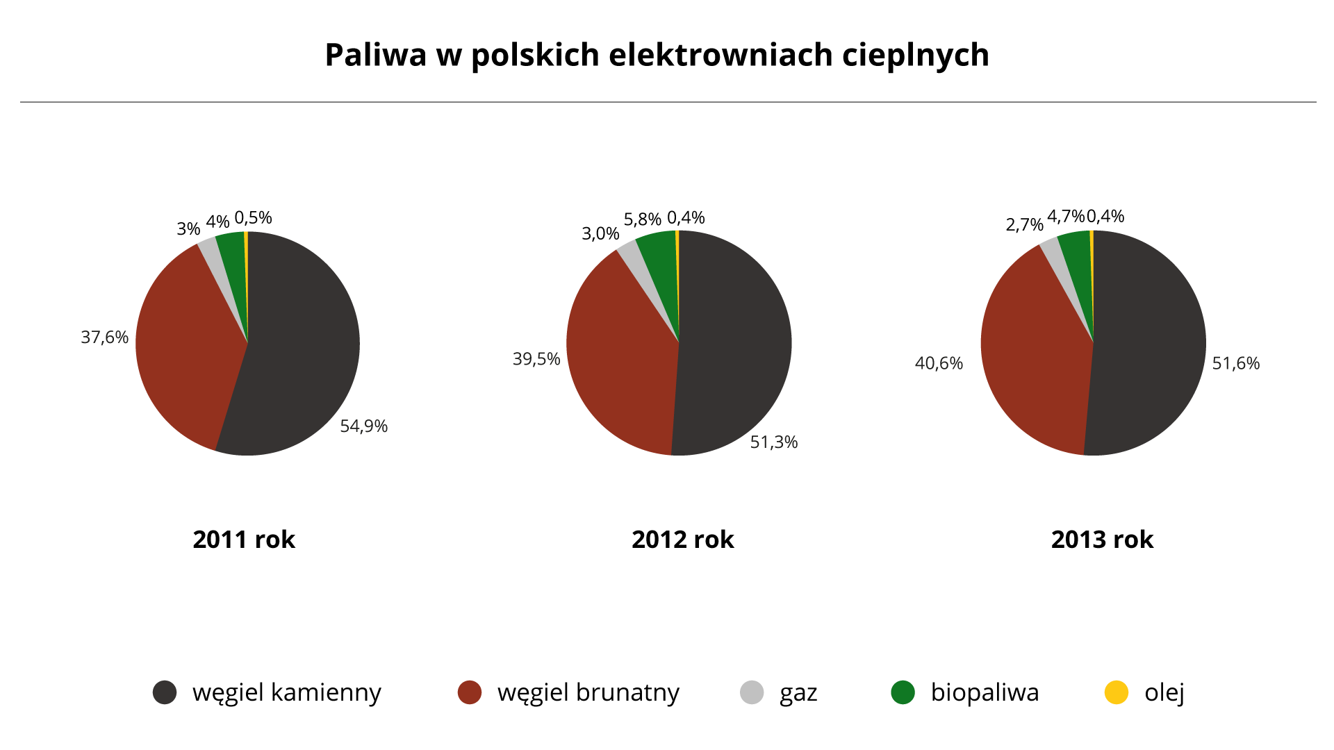 Na ilustracji trzy diagramy kołowe – struktura paliwowa w polskich elektrowniach cieplnych.Pierwszy diagram dla roku 2011 – węgiel kamienny 54,9%, węgiel brunatny 37,6%, gaz 3,0%, biopaliwa 4,0%, olej 0,5%. Drugi diagram dla roku 2012 – węgiel kamienny 51,3%, węgiel brunatny 39,5%, gaz 3,0%, biopaliwa 5,8%, olej 0,4%. Trzeci diagram dla roku 2013 – węgiel kamienny 51,6%, węgiel brunatny 40,6%, gaz 2,7%, biopaliwa 4,7%, olej 0,4%.