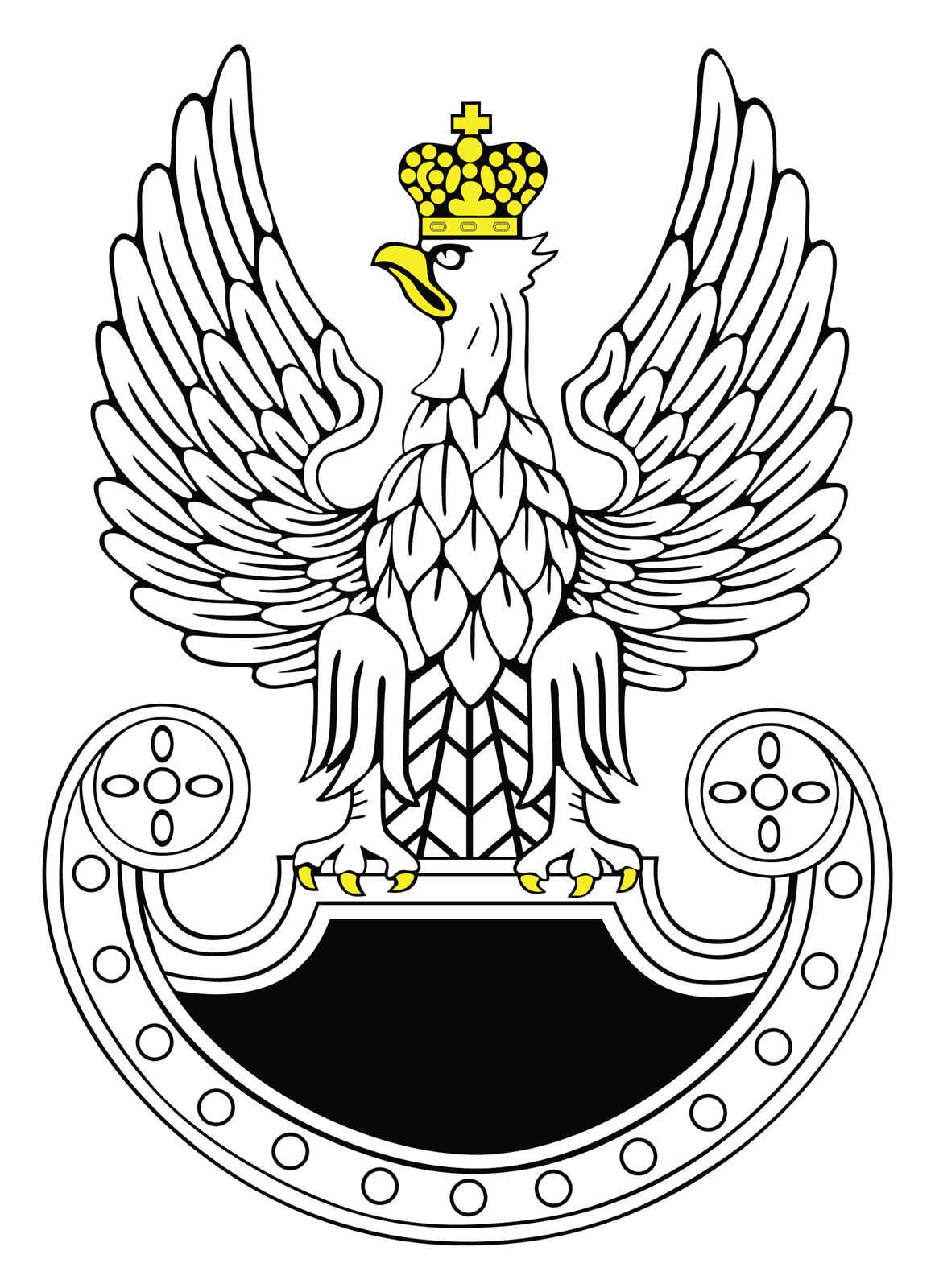 Ilustracja przedstawia symbol wojsk specjalnych stylizowany na godło orła polskiego. Biały orzeł ze skrzydłami wzniesionymi ku górze. Głowa z żółtym dziobem skierowana w prawo. Na głowie żółta korona. Na szczycie korony krzyż równoramienny. Szpony orła zakończone żółtymi pazurami przytrzymują tarczę. Orzeł osadzony jest na tarczy amazonek. Tarcza zakończone półkoliście w dolnej części. Kształt tarczy tworzy formę półksiężyca ułożonego poziomo. Końce tarczy zaokrąglone. Wnętrze tarczy czarne.