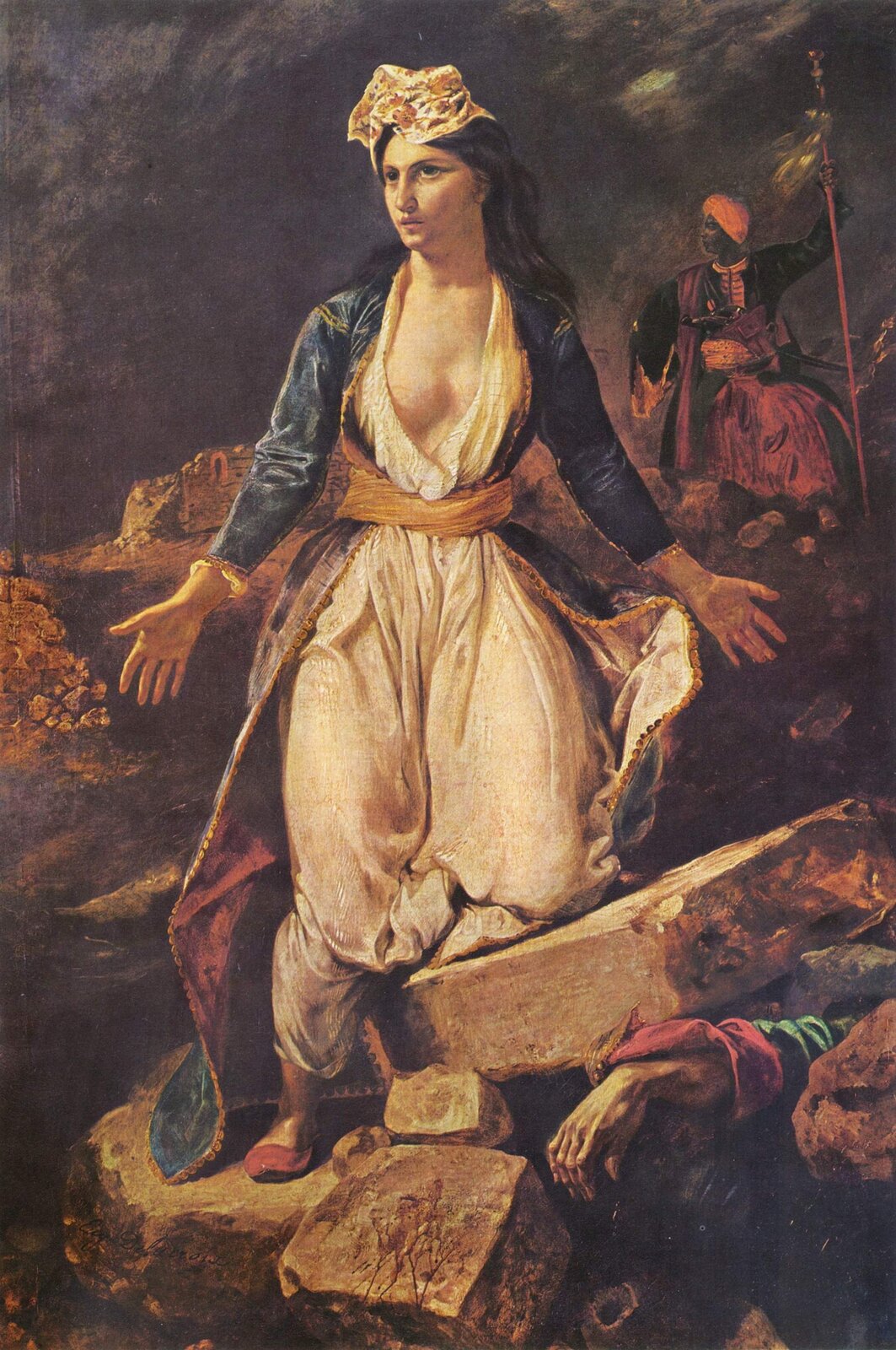 Grecja umierająca na ruinach Missolungi Źródło: Eugène Delacroix, Grecja umierająca na ruinach Missolungi, 1826, olej na płótnie, Musée des Beaux-Arts, Bordeaux, domena publiczna.