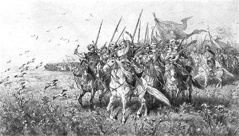 Pochód Chmielnickiego z Tuhaj Bejem Źródło: Juliusz Kossak, Pochód Chmielnickiego z Tuhaj Bejem, 1886, rysunek: sepia i piórko, domena publiczna.