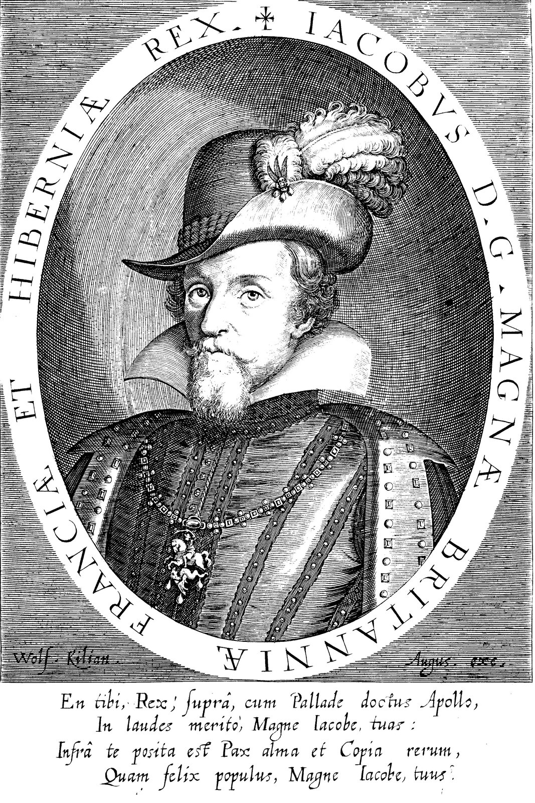 Portret króla Jakuba I Angielskiego i Jakuba VI Szkockiego Źródło: Wolfgang Kilian, Portret króla Jakuba I Angielskiego i Jakuba VI Szkockiego, ok. 1610–1630, miedzioryt, domena publiczna.