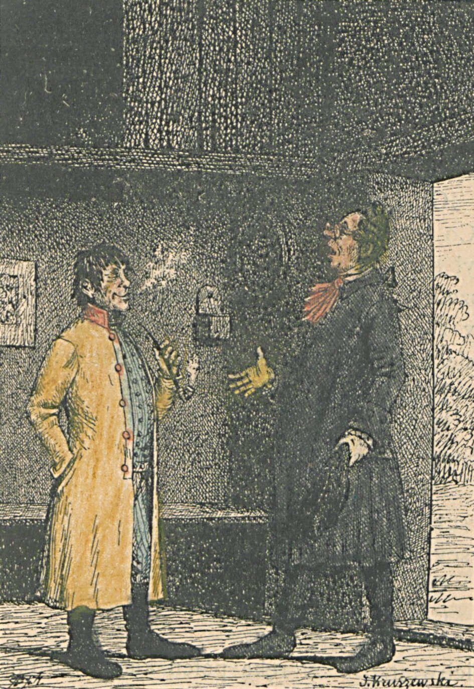 Bajki I. Krasickiego ilustrowane (Chłop i filozof) Źródło: Józef Wincenty Kruszewski, Bajki I. Krasickiego ilustrowane (Chłop i filozof), 1886, domena publiczna.