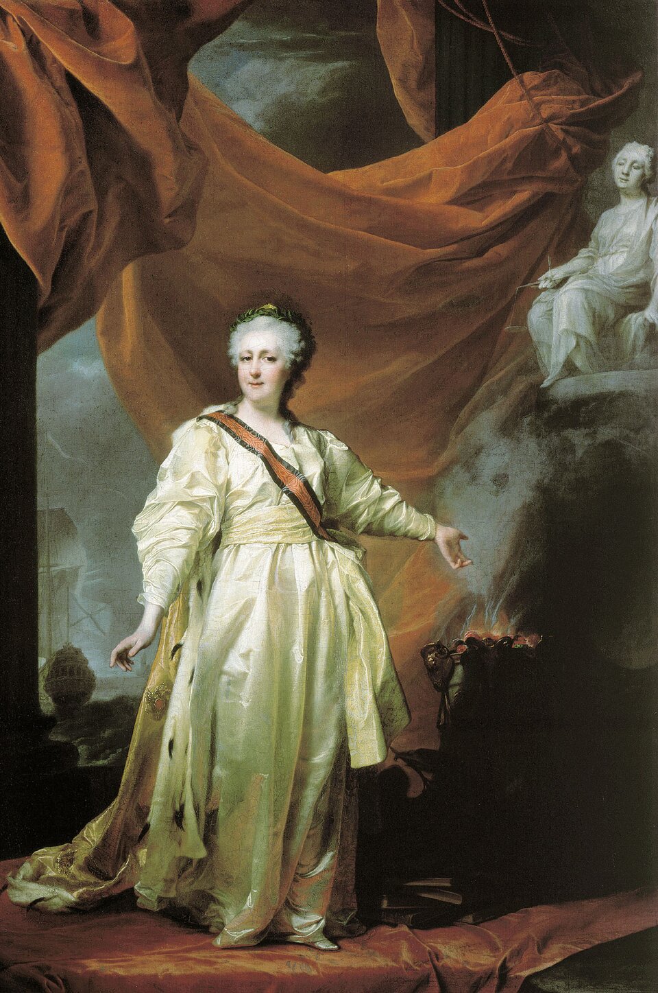 Portret Katarzyny II w świątyni bogini Sprawiedliwości Źródło: Dmitry Grigorievich Levitzky, Portret Katarzyny II w świątyni bogini Sprawiedliwości, Wczesne lata 70 XVII w., Olej na płótnie, Tretyakov Gallery, Moskwa, domena publiczna.