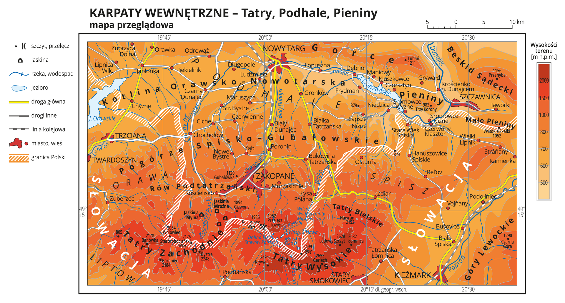Ilustracja przedstawia mapę przeglądową Karpat Wewnętrznych – Tatr, Podhala i Pienin.Na mapie szarymi liniami przedstawiono poziomice, kolorami od jasnopomarańczowego do czerwonego przedstawiono wysokości nad poziom morza (od pięciuset metrów do ponad dwóch tysięcy metrów nad poziomem morza). Czarną kropką przedstawiono szczyty i opisano ich nazwy oraz wysokości. Oznaczono i opisano również przełęcze i jaskinie. Na mapie przedstawiono i opisano rzeki i jeziora. Białą kreskowaną wstążką przedstawiono granicę Polski. Oznaczono miasta i wsie i opisano je oraz opisano nazwy państw sąsiadujących.Żółtymi liniami oznaczono główne drogi, białymi liniami oznaczono drogi inne, a liniami kreskowanymi oznaczono linie kolejowe.Dookoła mapy w białej ramce opisano współrzędne geograficzne co piętnaście minut. Po lewej stronie mapy objaśniono znaki użyte na mapie, a po prawej stronie mapy objaśniono barwy hipsometryczne: od jasnopomarańczowej – pięćset metrów nad poziomem morza do ciemnoczerwonej – powyżej dwóch tysięcy metrów nad poziomem morza.