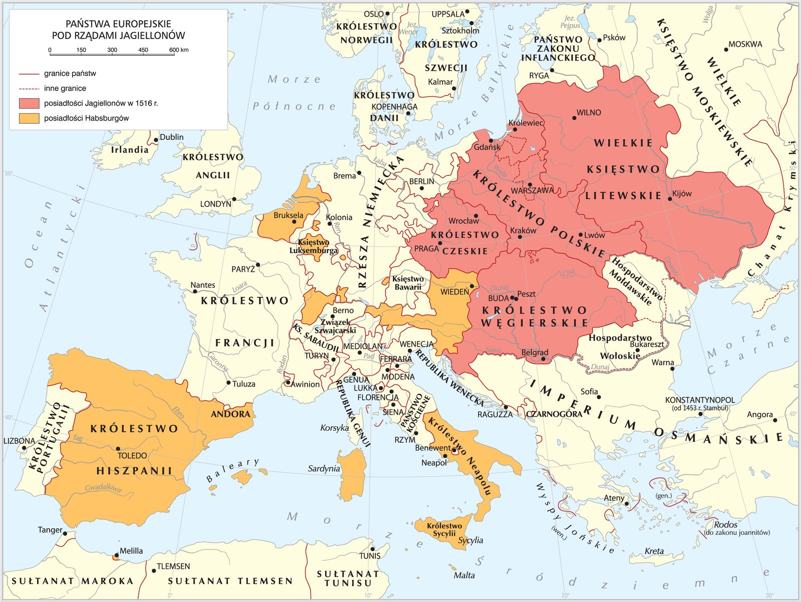 Państwa europejskie pod rządami Jagiellonów Źródło: Krystian Chariza i zespół, Państwa europejskie pod rządami Jagiellonów, licencja: CC BY 3.0.