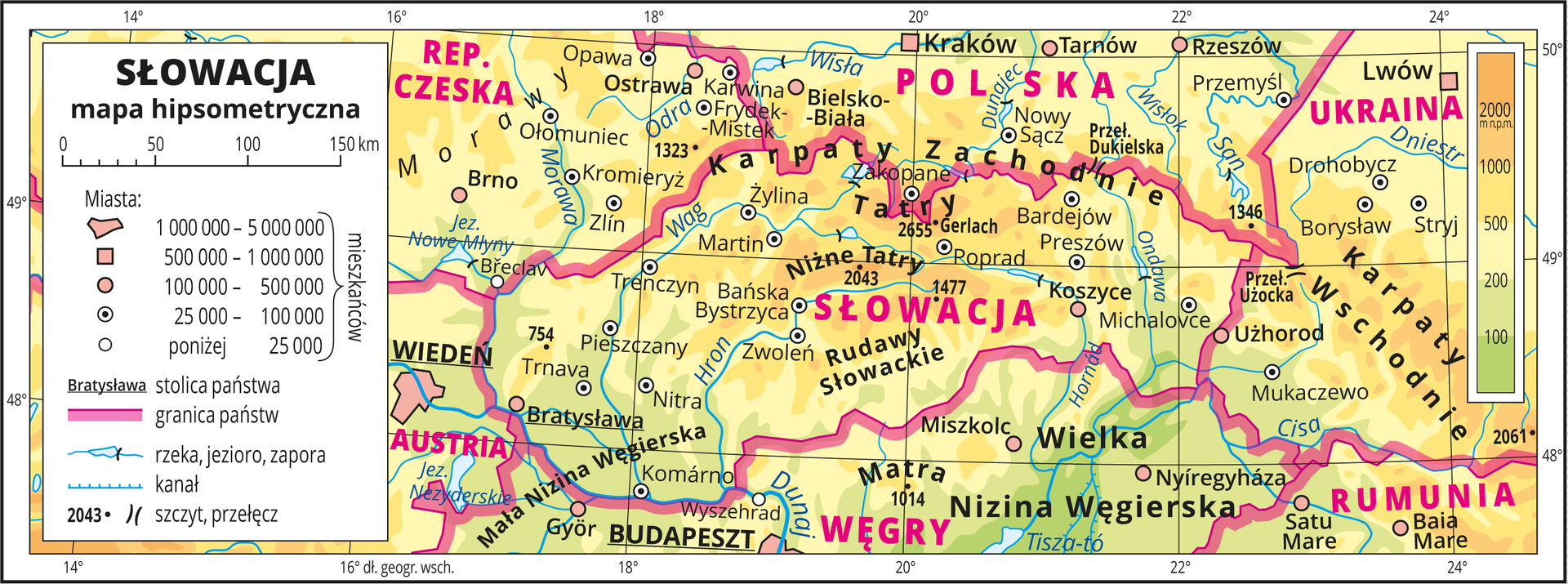 Ilustracja przedstawia mapę hipsometryczną Słowacji. W obrębie lądów występują obszary w kolorze zielonym, żółtym i pomarańczowym. Przeważają obszary w kolorze żółtym i pomarańczowym. Na mapie opisano nazwy nizin, wyżyn, pasm górskich, rzek i jezior. Oznaczono i opisano główne miasta. Oznaczono czarnymi kropkami i opisano szczyty górskie. Różową wstążką oznaczono granice państw. Kolorem czerwonym opisano państwa sąsiadujące ze Słowacją. Mapa pokryta jest równoleżnikami i południkami. Dookoła mapy w białej ramce opisano współrzędne geograficzne co dwa stopnie. W legendzie umieszczono i opisano znaki użyte na mapie.