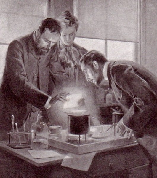 Pan i Pani Curie eksperymentują z radem Źródło: André Castaigne, Pan i Pani Curie eksperymentują z radem, 1903, domena publiczna.