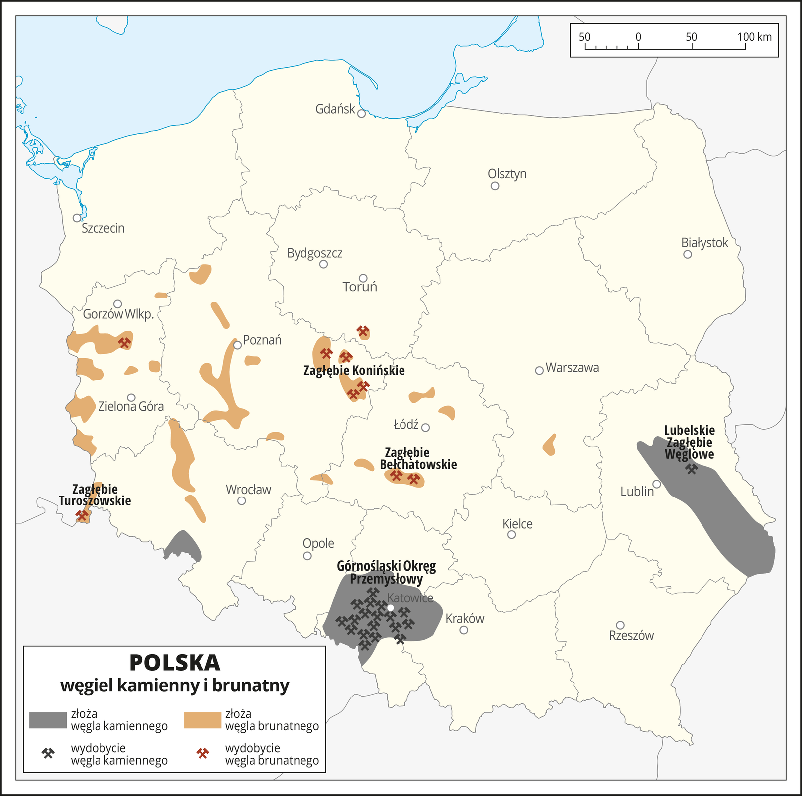 IIlustracja przedstawia mapę Polski z podziałem na województwa. Oznaczono i opisano główne miasta. Na mapie kolorem szarym zaznaczono obszary, na których występują złoża węgla kamiennego, a kolorem brązowym obszary, na których występują złoża węgla brunatnego. Za pomocą sygnatur oznaczono miejsca wydobycia węgla. Zasadniczo pokrywają się one z miejscem występowania złóż. Opisano nazwy okręgów przemysłowych. Złoża węgla kamiennego występują w województwie śląskim, tam też jest największe wydobycie. Drugim obszarem dużego występowania, ale mniejszego wydobycia złóż węgla kamiennego jest Lubelskie Zagłębie Węglowe. Złoża węgla brunatnego zlokalizowane są w wielu miejscach w województwie lubuskim, wielkopolskim, dolnośląskim i łódzkim ale wydobycie odbywa się tylko w kilku rejonach, jak Zagłębie Bełchatowskie, Konińskie i Turoszowskie. Na dole mapy w legendzie opisano znaki użyte na mapie.