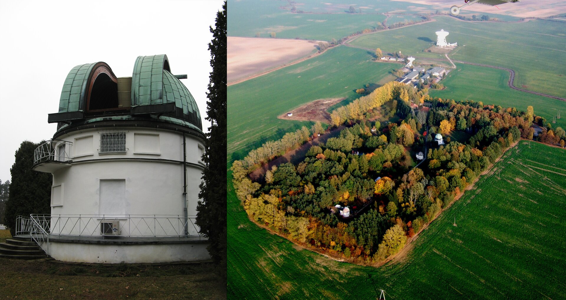 Fotografia po lewej stronie prezentuje budynek obserwatorium o owalnym kształcie zwieńczony rozsuwaną kopułą, przez którą wystaje teleskop. Obok zdjęcie wykonane z wysokości, na którymi widać prostokątny zadrzewiony teren otoczony dookoła polami. W środku terenu widoczne budynki dwóch obserwatoriów.