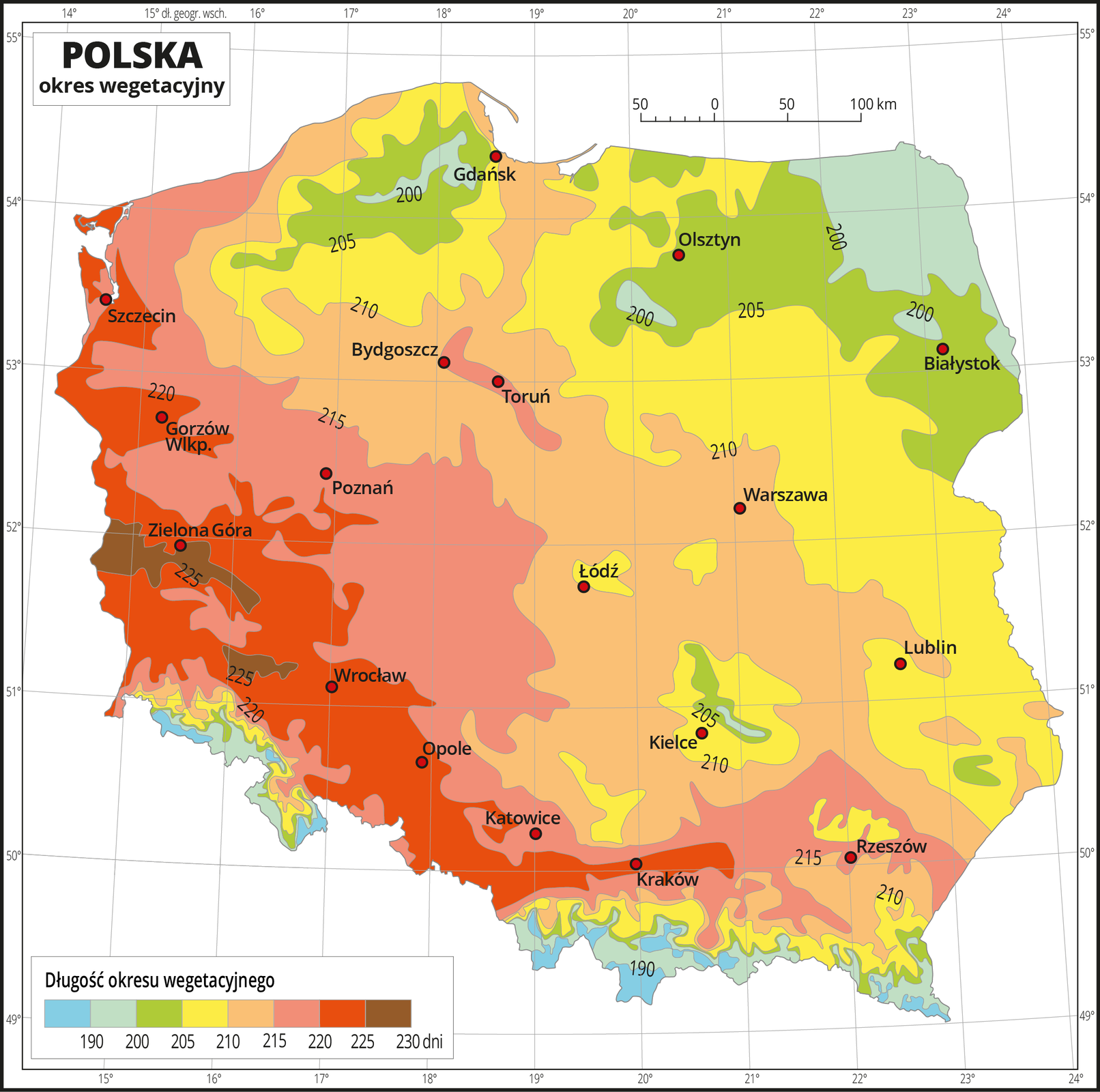 Ilustracja przedstawia mapę Polski. Na mapie kolorami zaznaczono długość okresu wegetacyjnego. Z lewej strony mapy jest kolor brązowy, przechodzący w kierunku wschodnim w czerwony, potem żółty, zielony do zielono-niebieskiego. Najwięcej obszarów w kolorze zielonym i zielono-niebieskim występuje na północnym-wschodzie i na południu. W południowej części mapy, obejmującej góry występuje również kolor niebieski. Na izoliniach opisano długość okresu wegetacyjnego od stu dziewięćdziesięciu dni – kolor niebieski do dwustu trzydziestu dni – kolor brązowy. Czerwonymi punktami zaznaczono miasta wojewódzkie. Mapa pokryta jest siatką równoleżników i południków. Dookoła mapy jest biała ramka, w której opisane są współrzędne geograficzne. Poniżej mapy w legendzie umieszczono prostokątny poziomy pasek. Pasek podzielono na osiem kolorów. Z lewej strony niebieski, niebiesko-zielony, dalej zielony przez żółty, pomarańczowy i czerwony do brązowego. Na izoliniach opisano długość okresu wegetacyjnego od stu dziewięćdziesięciu dni – kolor niebieski do dwustu trzydziestu dni – kolor brązowy. Opisano izolinie sto dziewięćdziesiąt dni, dwieście, dwieście pięć, dwieście dziesięć, dwieście piętnaście, dwieście dwadzieścia, dwieście dwadzieścia pięć, dwieście trzydzieści dni.