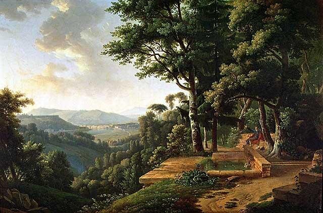 Jan Jakub Rousseau rozmyślający w parku Źródło: Alexandre Hyacinthe Dunouy, Jan Jakub Rousseau rozmyślający w parku, 1770, Musée Marmottan Monet, domena publiczna.