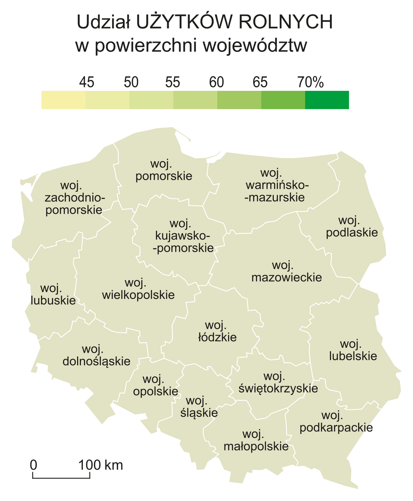 Na ilustracji mapa konturowa Polski z podziałem na województwa. Nad nią legenda z kolorami. Kolory jasne niski udział użytków rolnych w powierzchni województw (40%). Kolory ciemne duży udział użytków rolnych w powierzchni województw (70%).
