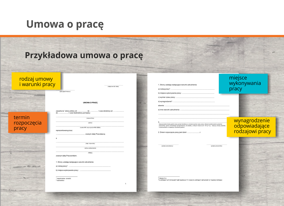 Grafika zawiera wzór umowy o pracę, w której będą wyodrębnione następujące elementy.