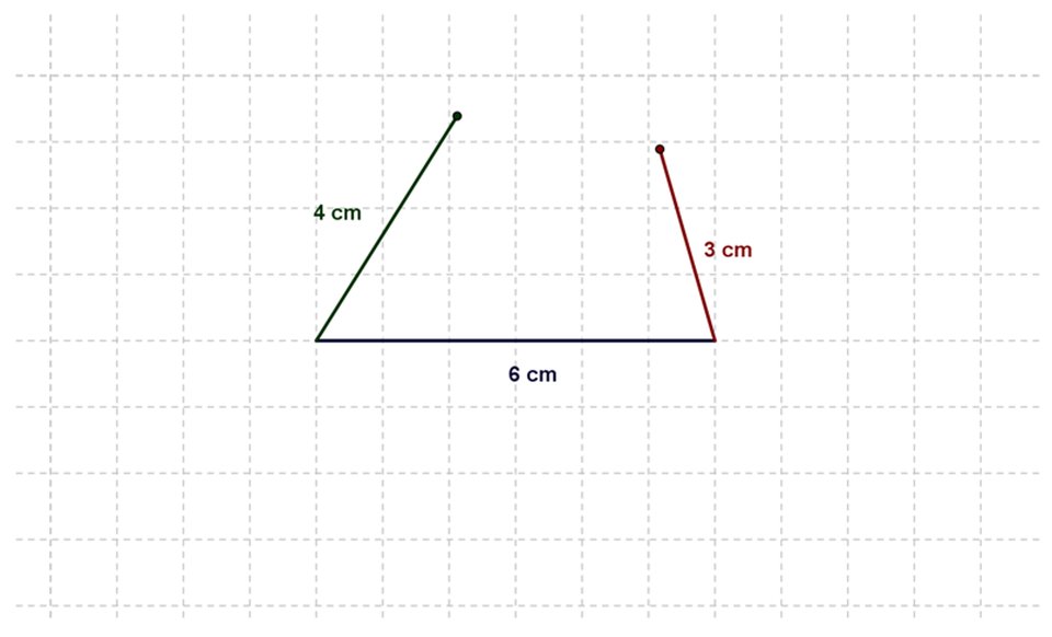 Rysunek odcinka o długości 6 cm. Do jego końców dorysowane są odcinki o długościach 4 cm i 3 cm, które nie łączą się.